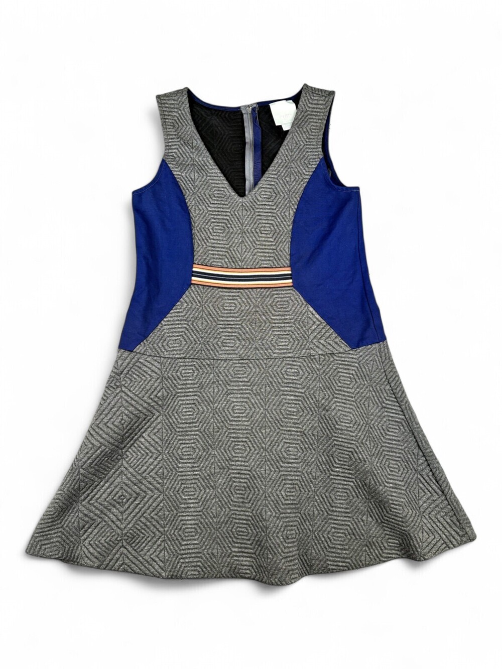 Maeve Anthropologie Textured Fit Flare Midi Dress Navy Gray Geometric Womens S